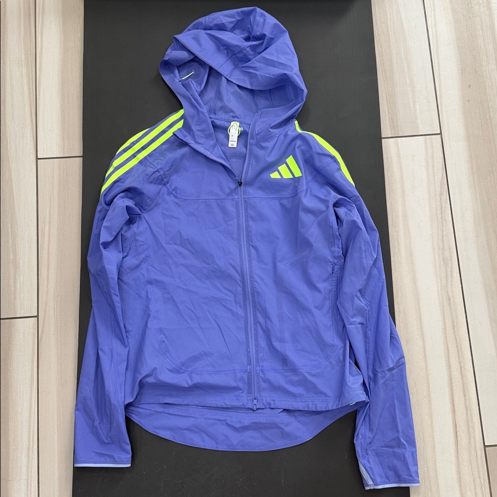 Adidas Blue Jacket with Neon Yellow Stripes